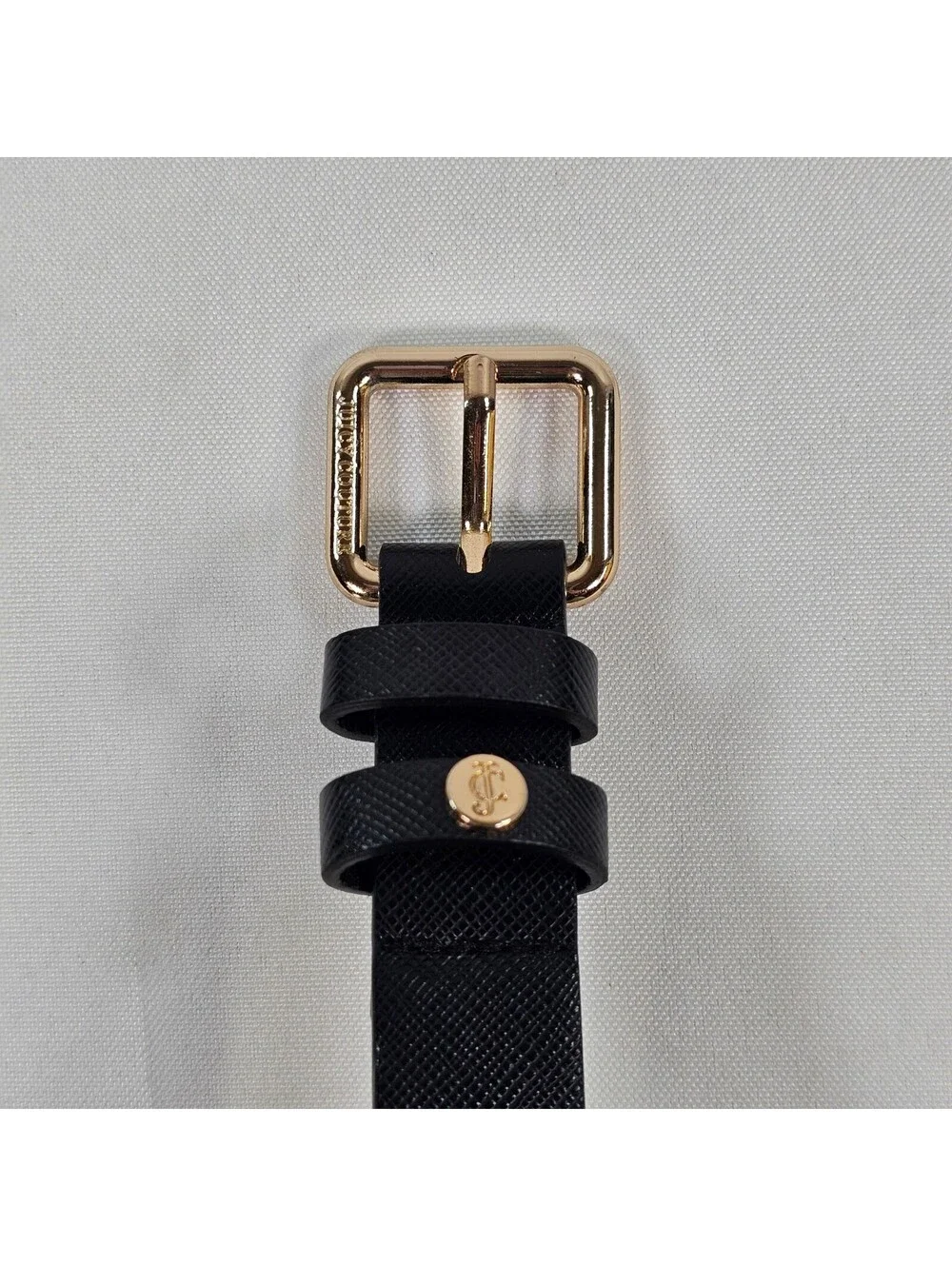 Vtg Juicy Couture Womens Black Saffiano Faux Leather Belt Gold Buckle Size Small